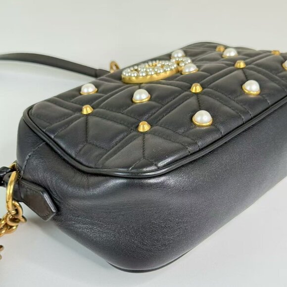 Gucci Black Leather Marmont Shoulder Bag Crossbody with Pearl Embellished - Picture 7 of 9